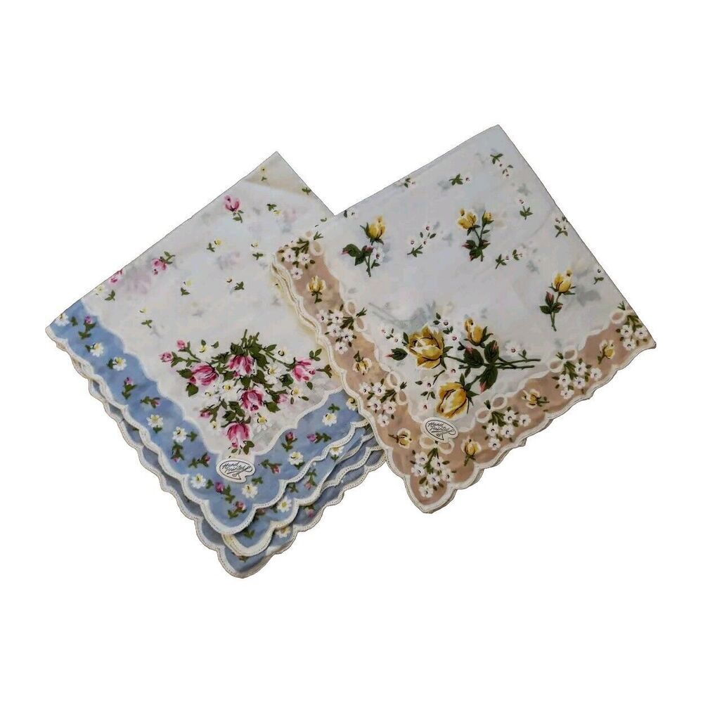 Hand Painted Scalloped Edge Floral Handkerchief Hanky Cotton 14" Set of 2